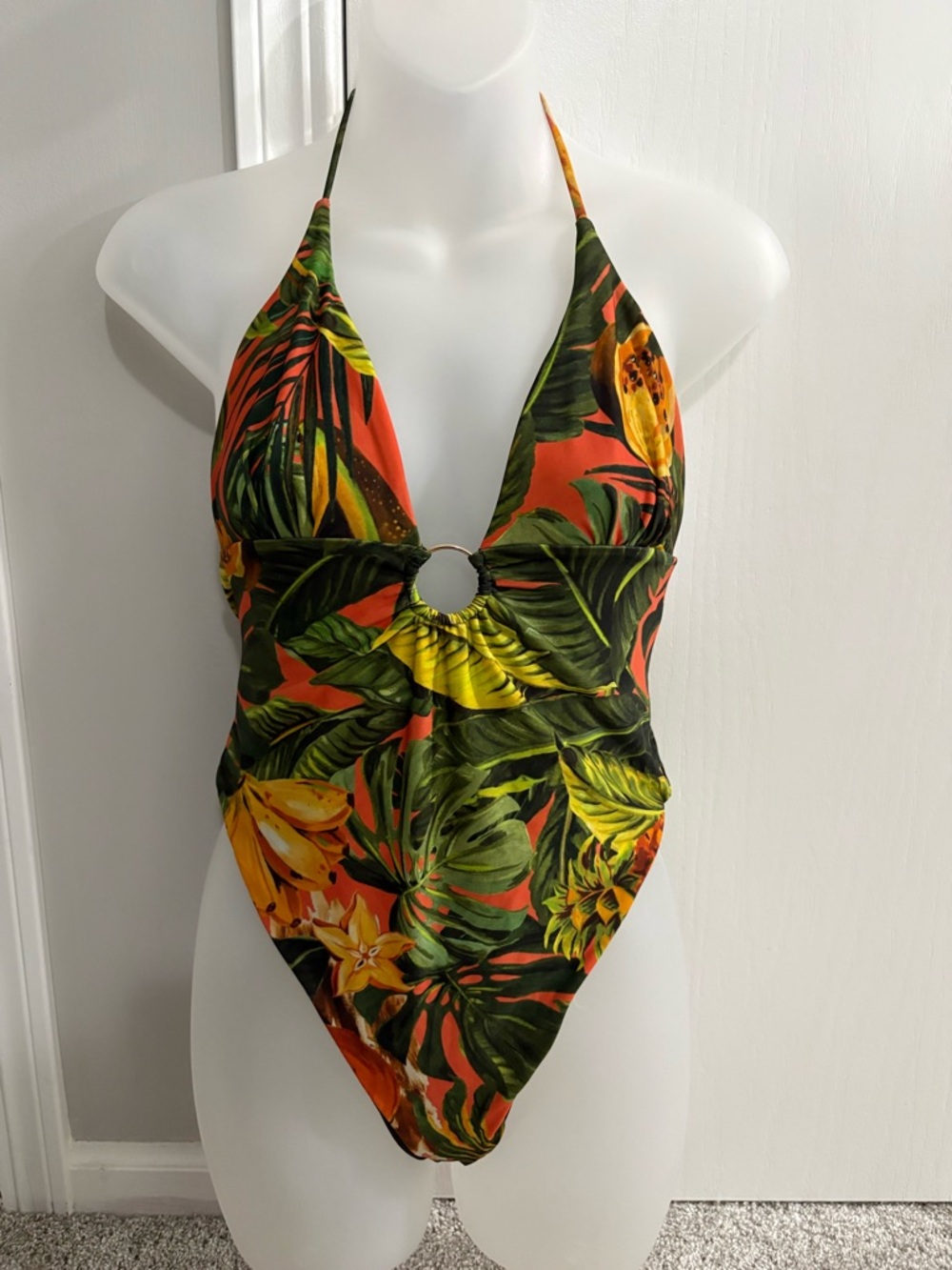 ZARA Tropical Print Halter One-Piece Swimsuit in Orange and Green Size S